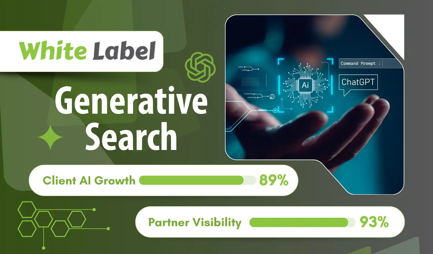 White Label Generative Search banner with AI growth stats and ChatGPT branding.