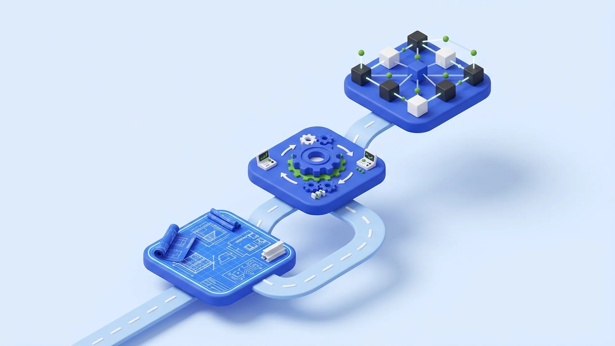 Illustration 3D d'une stratégie d'externalisation en trois phases : cartographie, pilote et déploiement