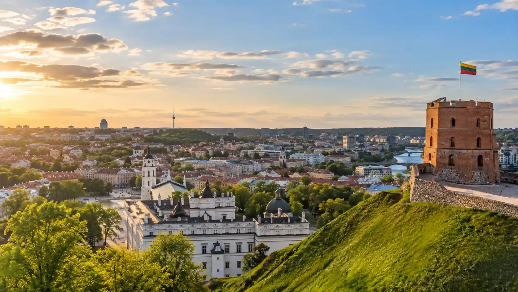 Vilnius city skyline with historic Old Town and Gediminas Tower in Lithuania