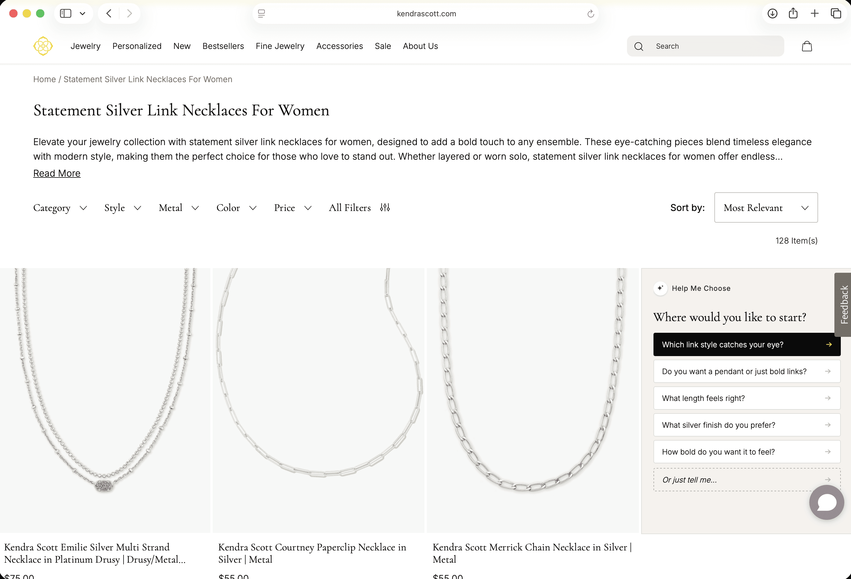 On-page Help Me Choose conversational guide narrowing a product collection