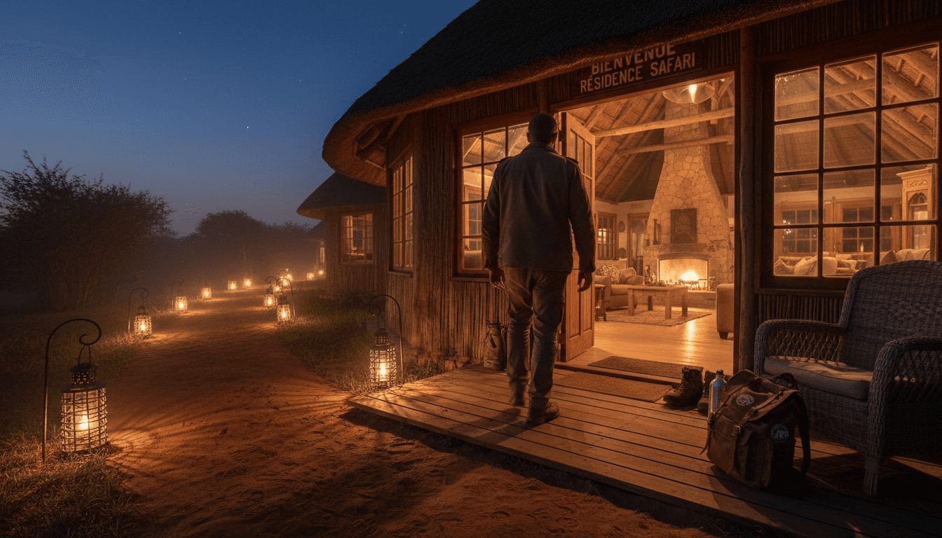 À la tombée du jour, un voyageur pose ses valises dans un lodge namibien, prêt à découvrir la magie du désert sous les premières lueurs du crépuscule.