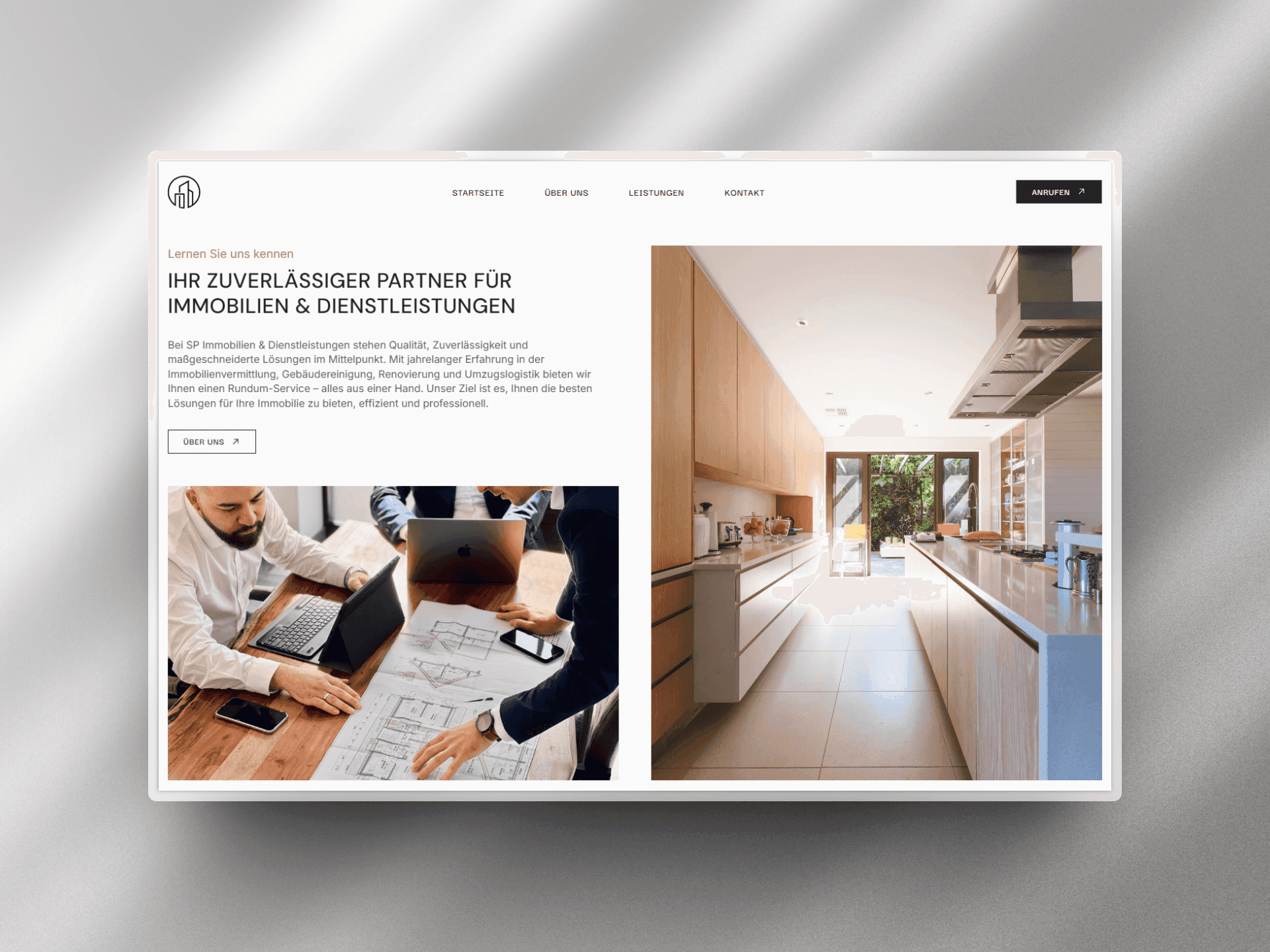 A digital mockup of a website featuring a workspace layout and an interior design image.