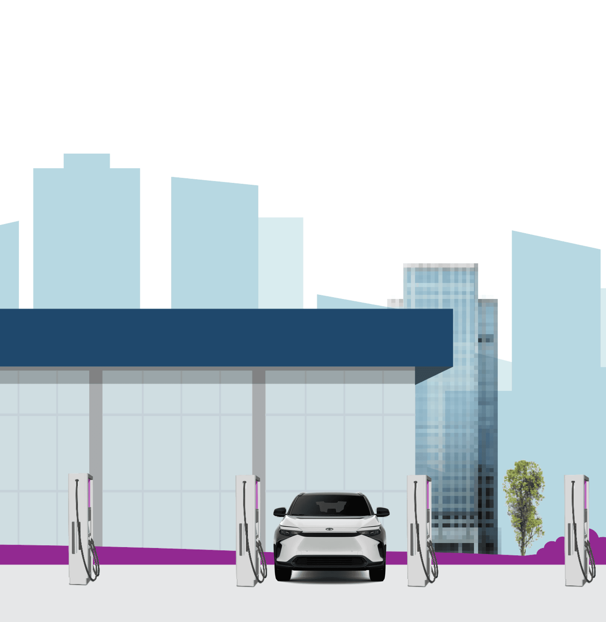 White electric car charging at station in front of city office buildings.