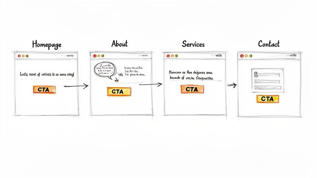 Hand-drawn website user flow illustrating homepage, about, services, and contact pages with call-to-action buttons.
