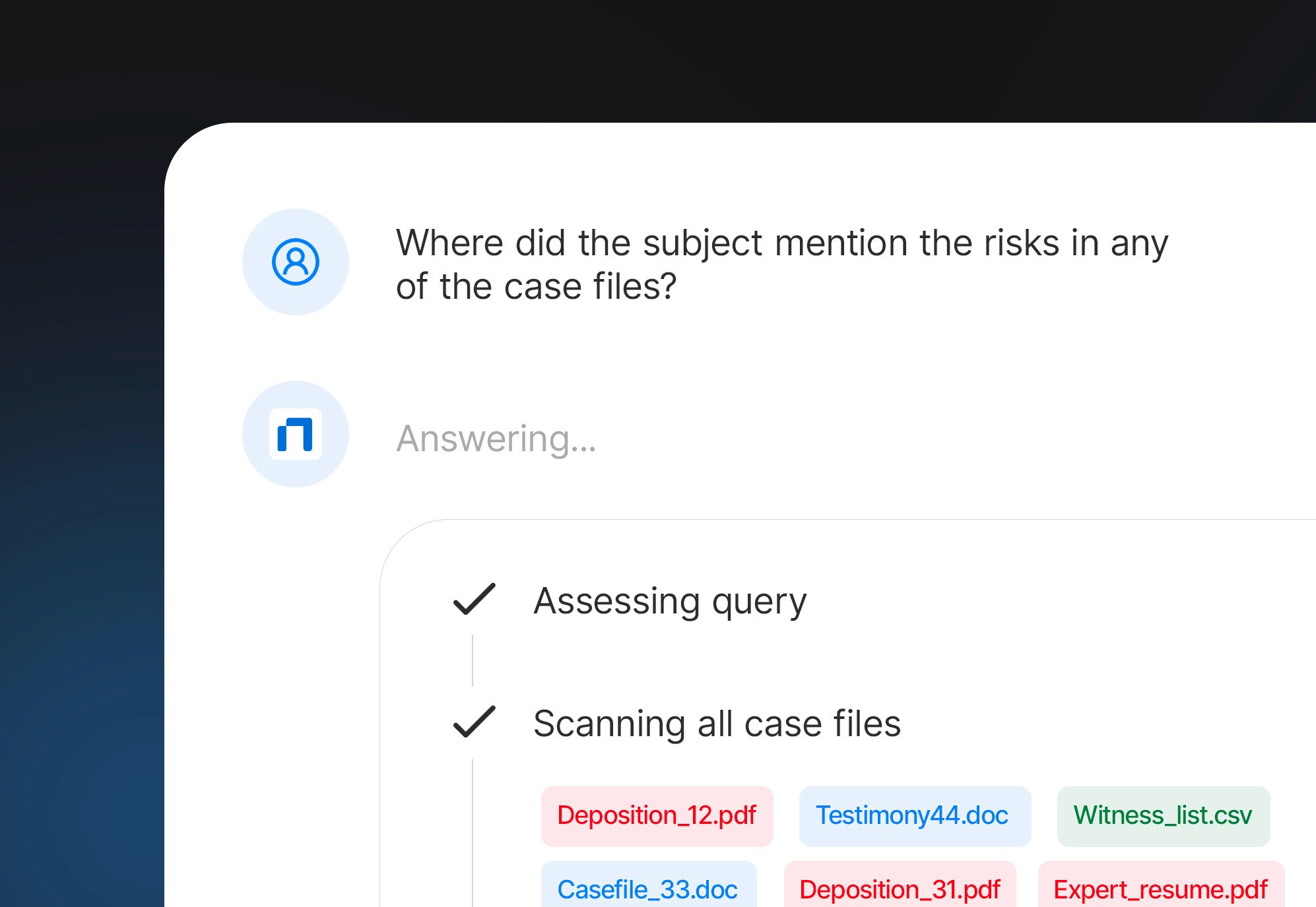 Human-in-the-loop review interface showing attorney verification of party names, witness identity, incident details, and conditional statements