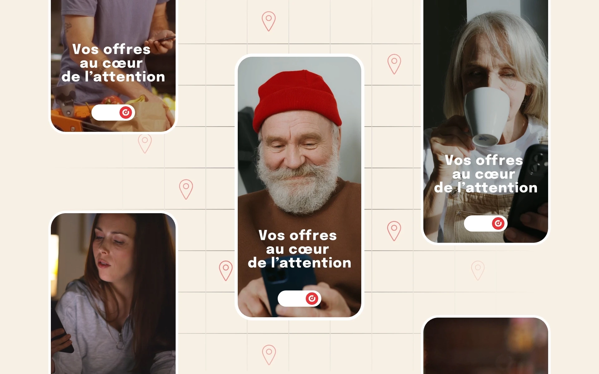 Visuels de campagne Bonial déclinés sur plusieurs formats mobiles autour du message “Vos offres au cœur de l’attention”