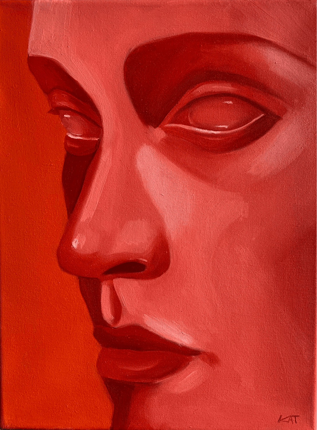 Close-up of a woman's face in deep reds with heavy-lidded eyes, stylised oil portrait — "Red Portrait III" by Katarzyna Księżopolska