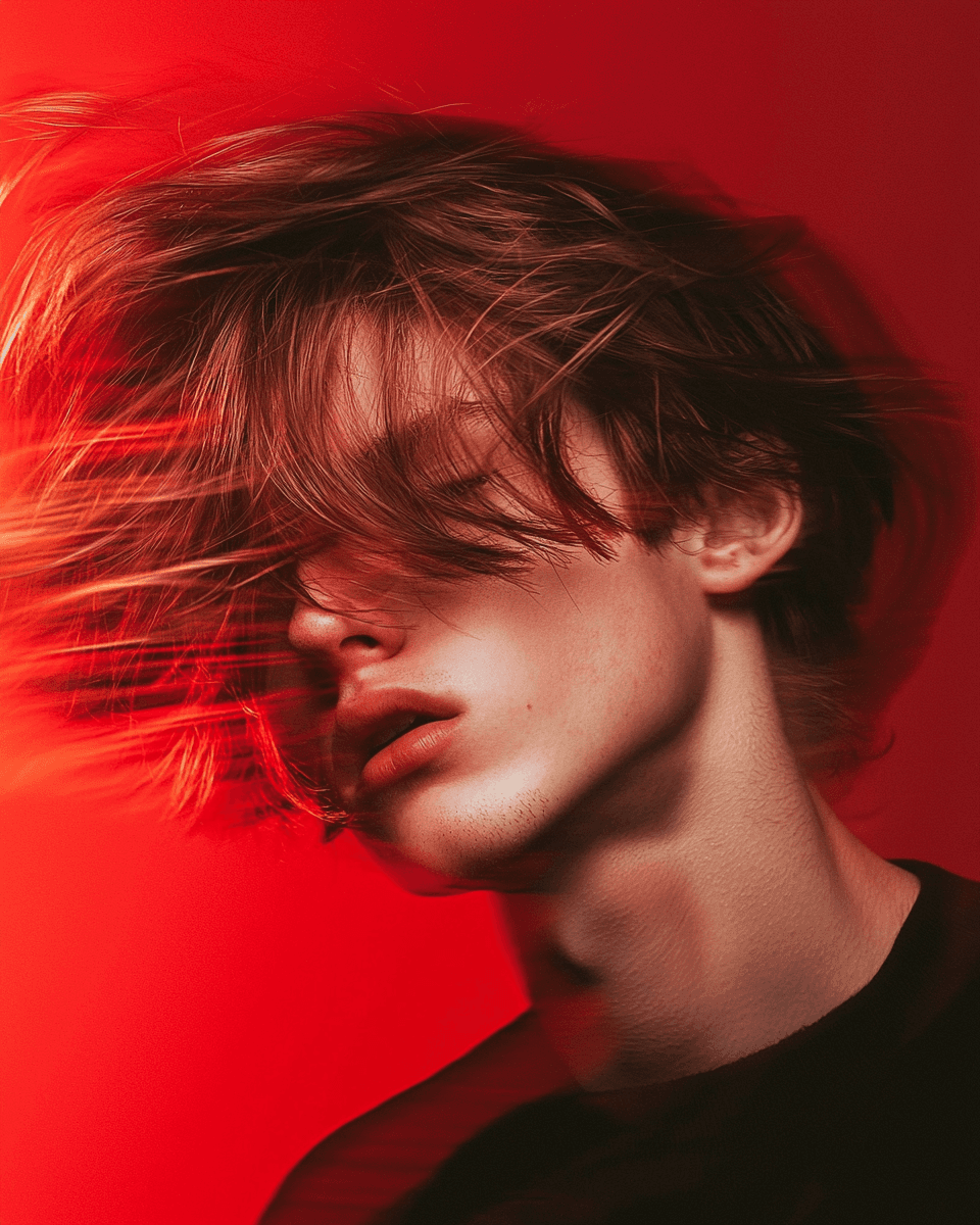 Motion-blurred portrait of a man with messy hair against a vibrant red background.