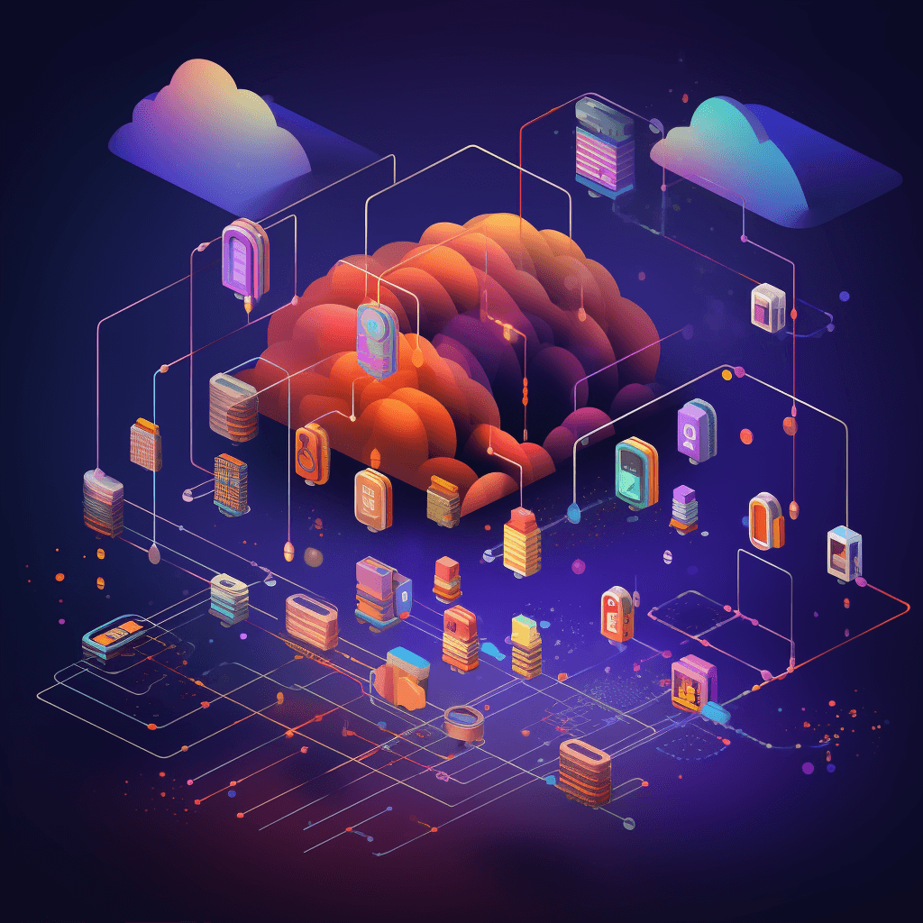 Isometric digital art of a vibrant cloud computing network. It features 3D icons of databases, servers, and security shields interconnected with lines and set against a dark background with floating clouds, symbolizing a complex and secure data network infrastructure