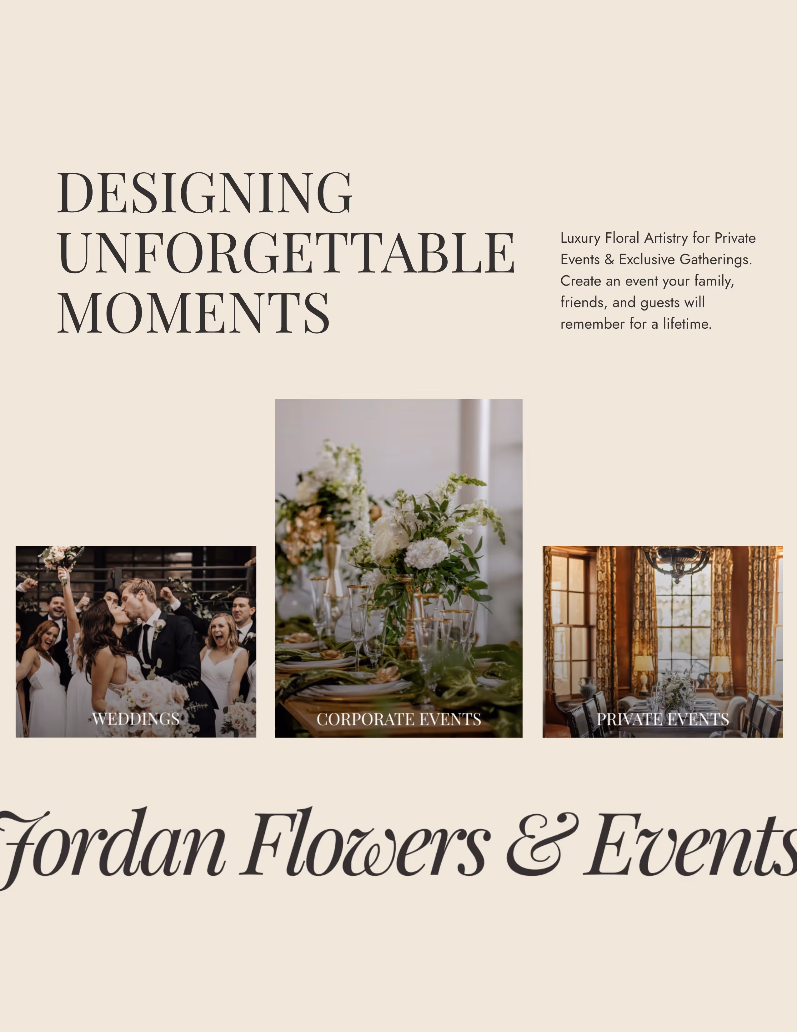 Jordan Flowers & Events website section highlighting dESIGNING uNFORGETTABLE mOMENTS fordan florers