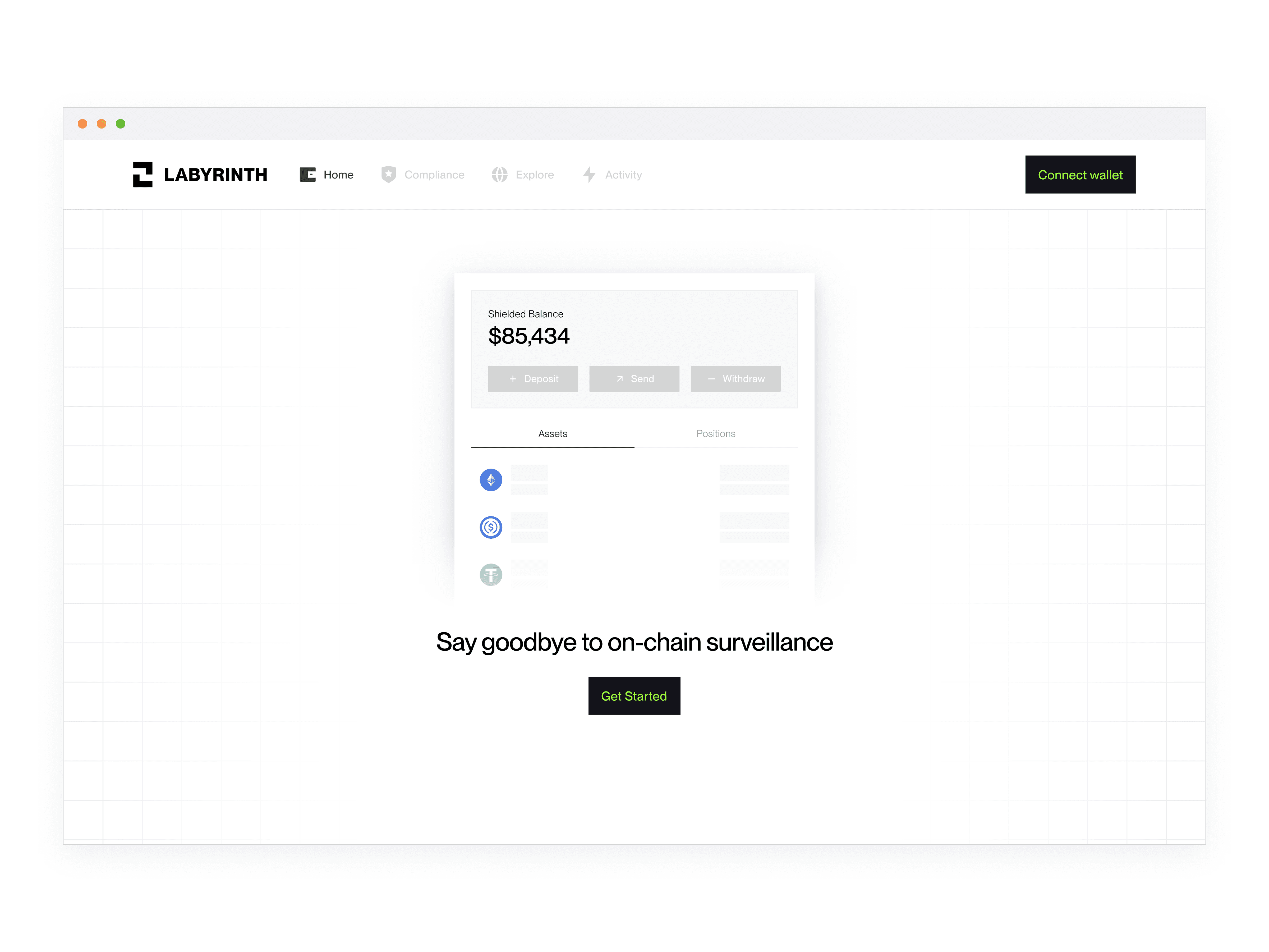 Labyrinth homepage view with shielded balance preview, privacy-first messaging, and Connect Wallet call-to-action for DeFi users