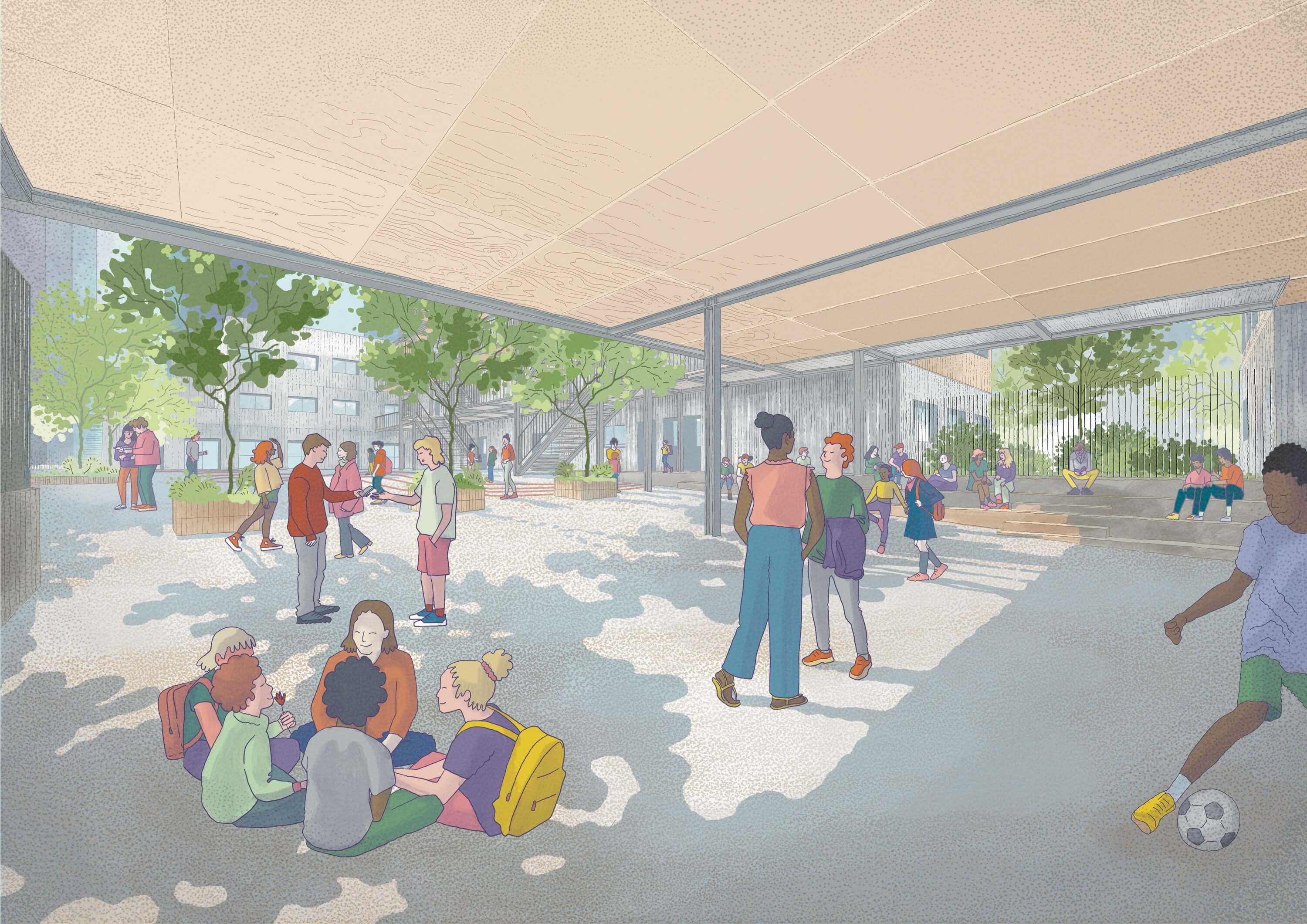 Children and adults play in a sunny outdoor area, with trees and a shaded structure above them.