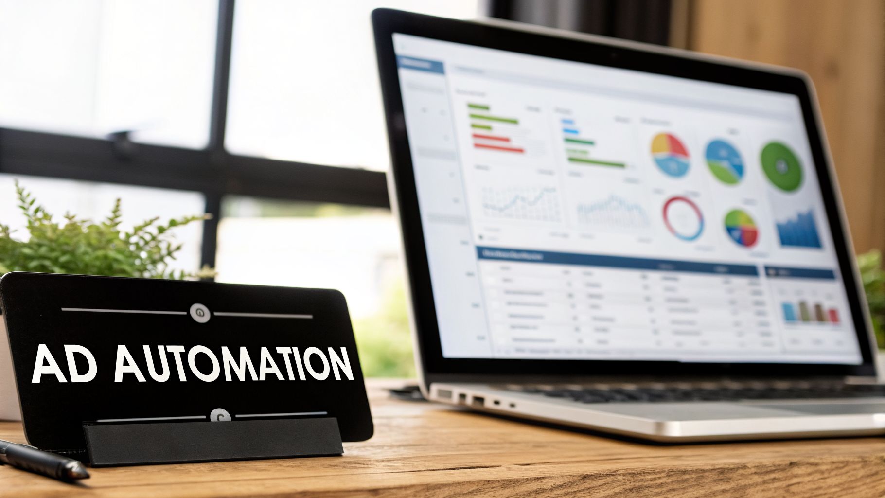 Laptop displaying business analytics charts next to a desk sign reading 'AD AUTOMATION'.