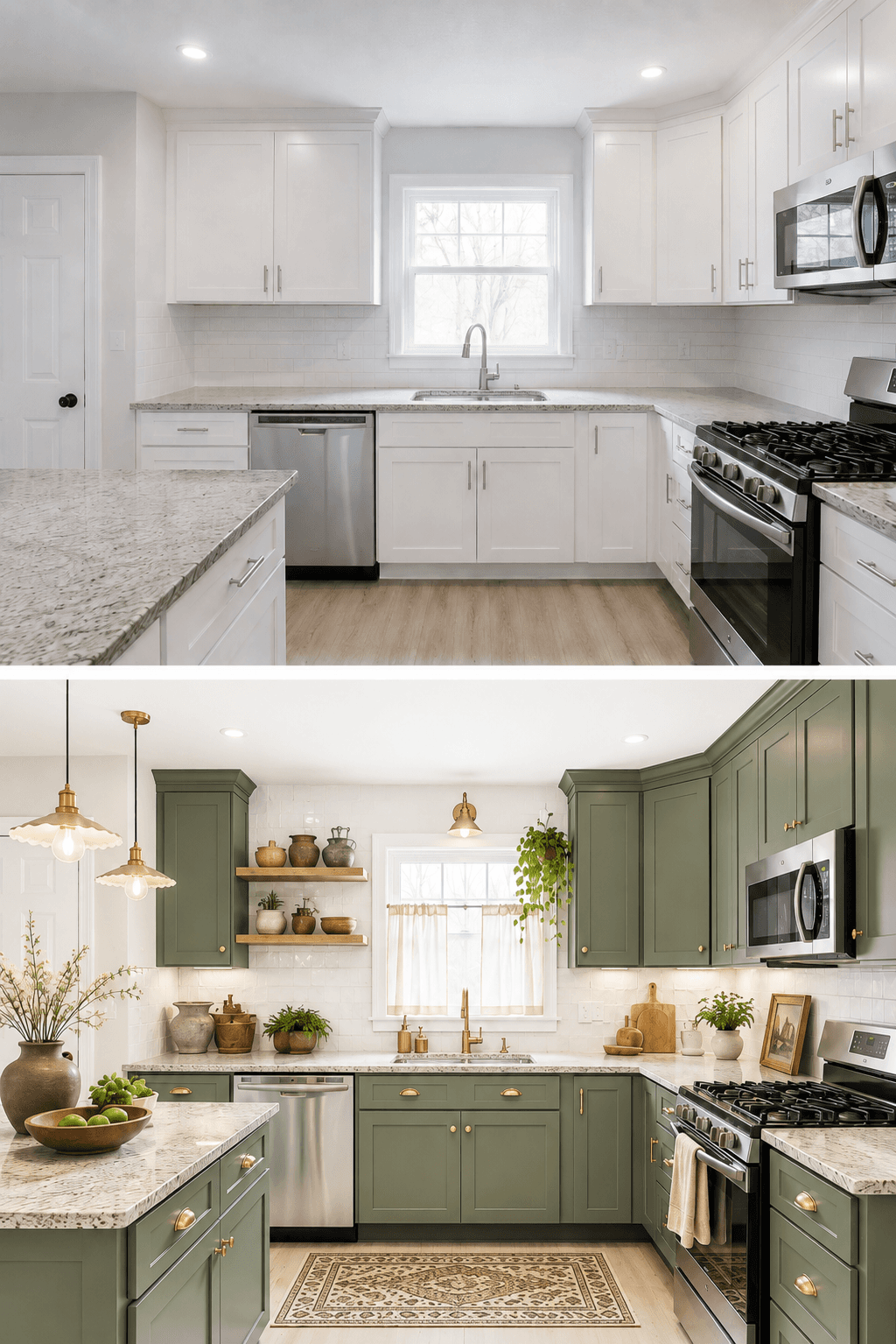 Modern kitchen remodel before and after transformation, showing a bright white kitchen with stainless steel appliances and granite countertops in the before image, and an updated kitchen with sage green cabinets, gold hardware, open wood shelving, decorative lighting, and indoor plants in the after image.