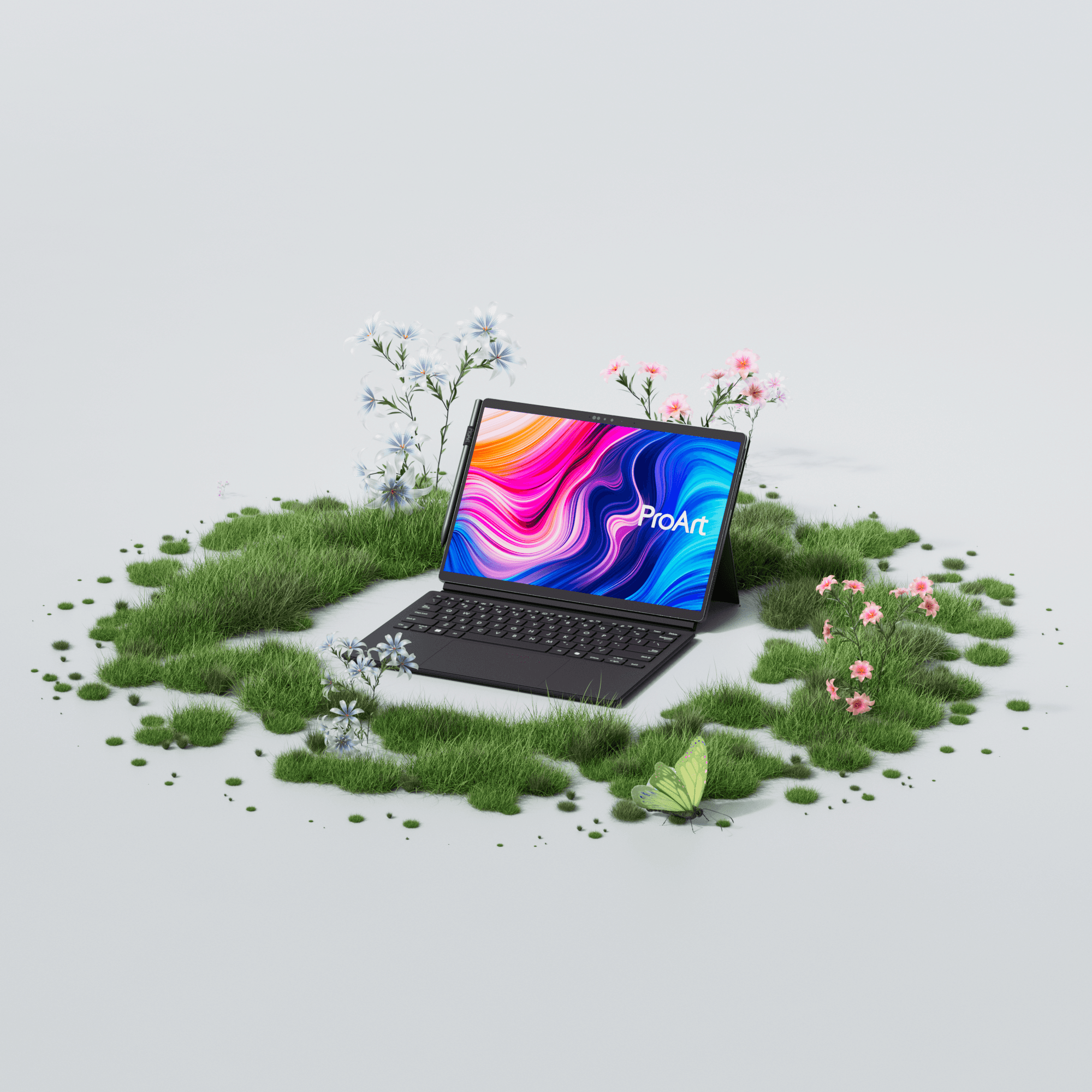 The image showcases a laptop surrounded by lush grass and colorful flowers, blending nature with technology, representing the creative CGI capabilities of a top European boutique motion studio.