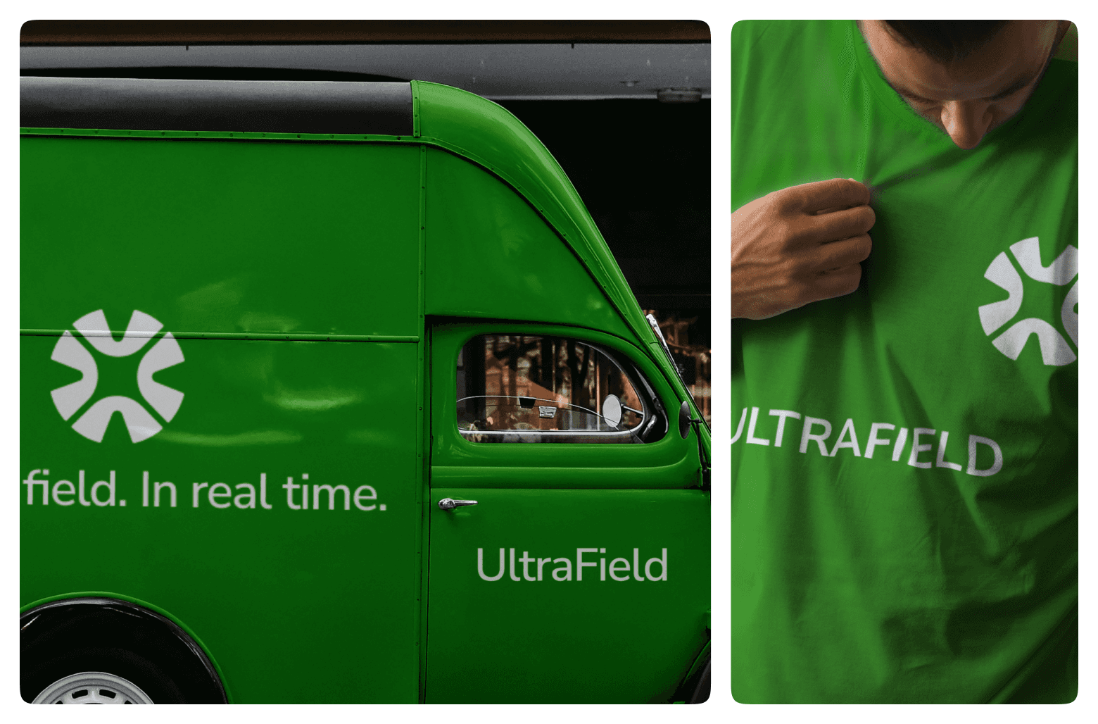 Green UltraField van and branded uniform with logo