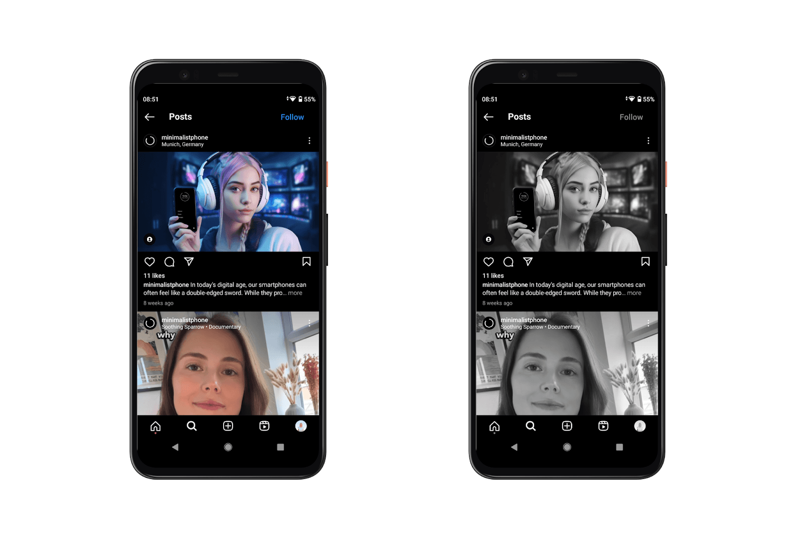 Instagram shown in color and monochrome mode, showing how minimalist phone reduces visual distractions and supports digital detox.