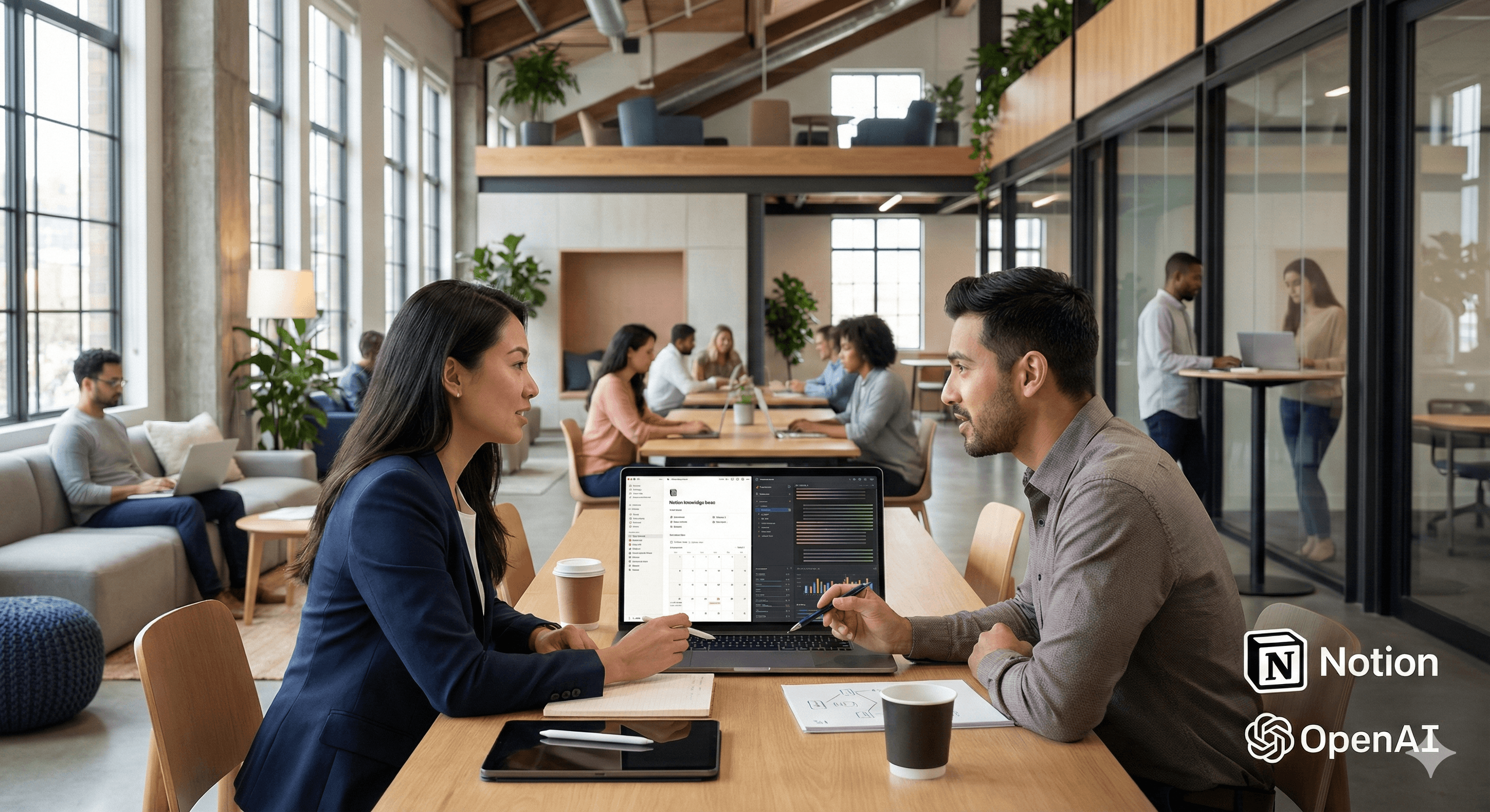Two colleagues in a modern office space discuss ideas over a laptop displaying Notion and OpenAI collaboration features, illustrating "Notion vs OpenAI: How They Work Better Together (2026)," with a well-lit environment and people working in the background.