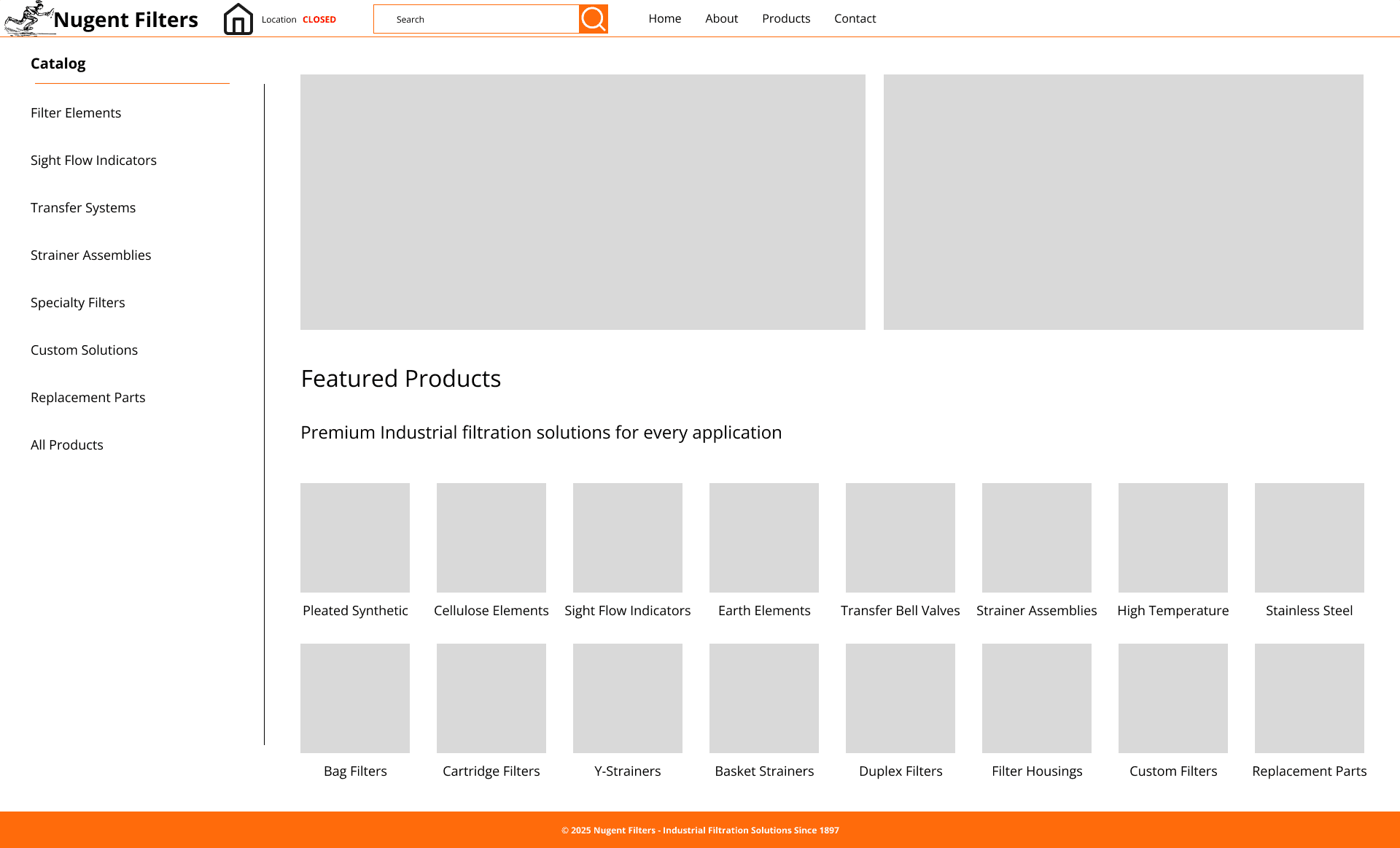 Lo-fi wireframe for Nugent Filters homepage showing hero section and featured product grid