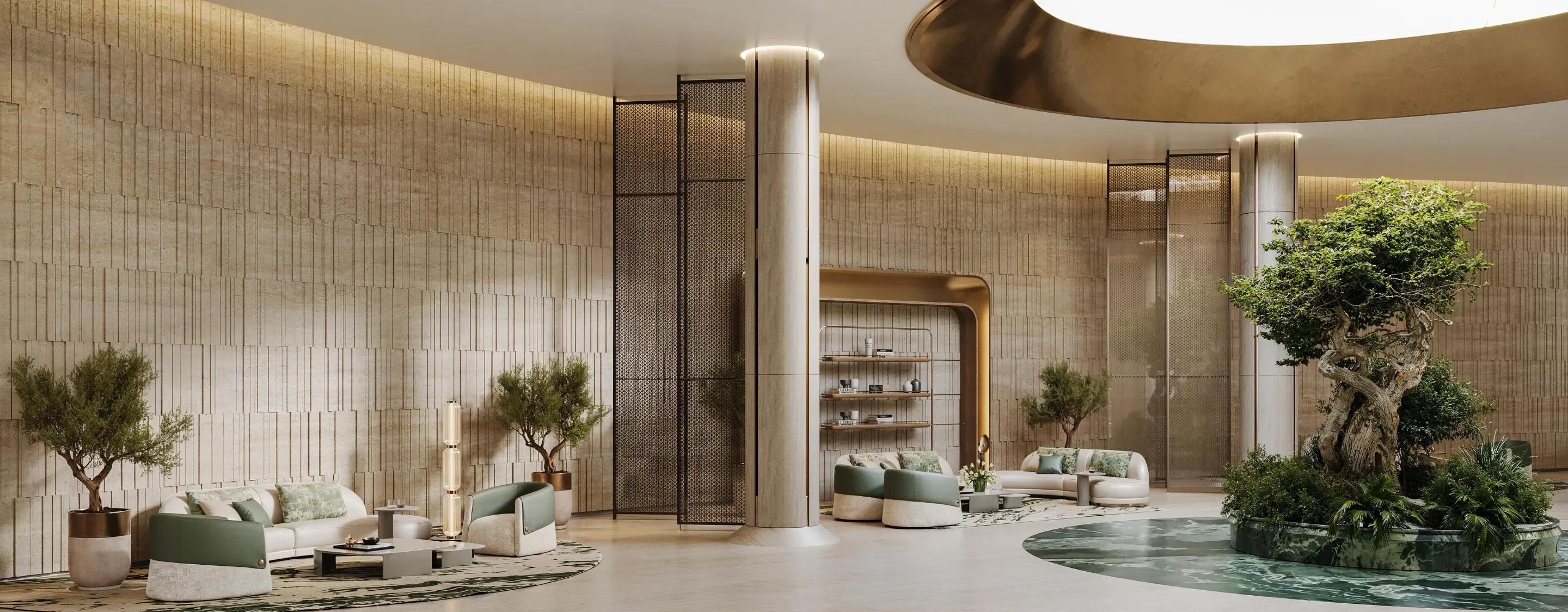 Elegant lobby interior at Binghatti Hillcrest. Experience boutique real estate service with our agents.