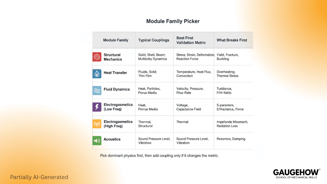 COMSOL module picker by physics, coupling, and validation metric.