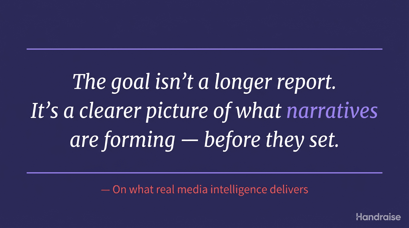 Pull quote: The goal isn't a longer report — it's a clearer picture of what narratives are forming before they set