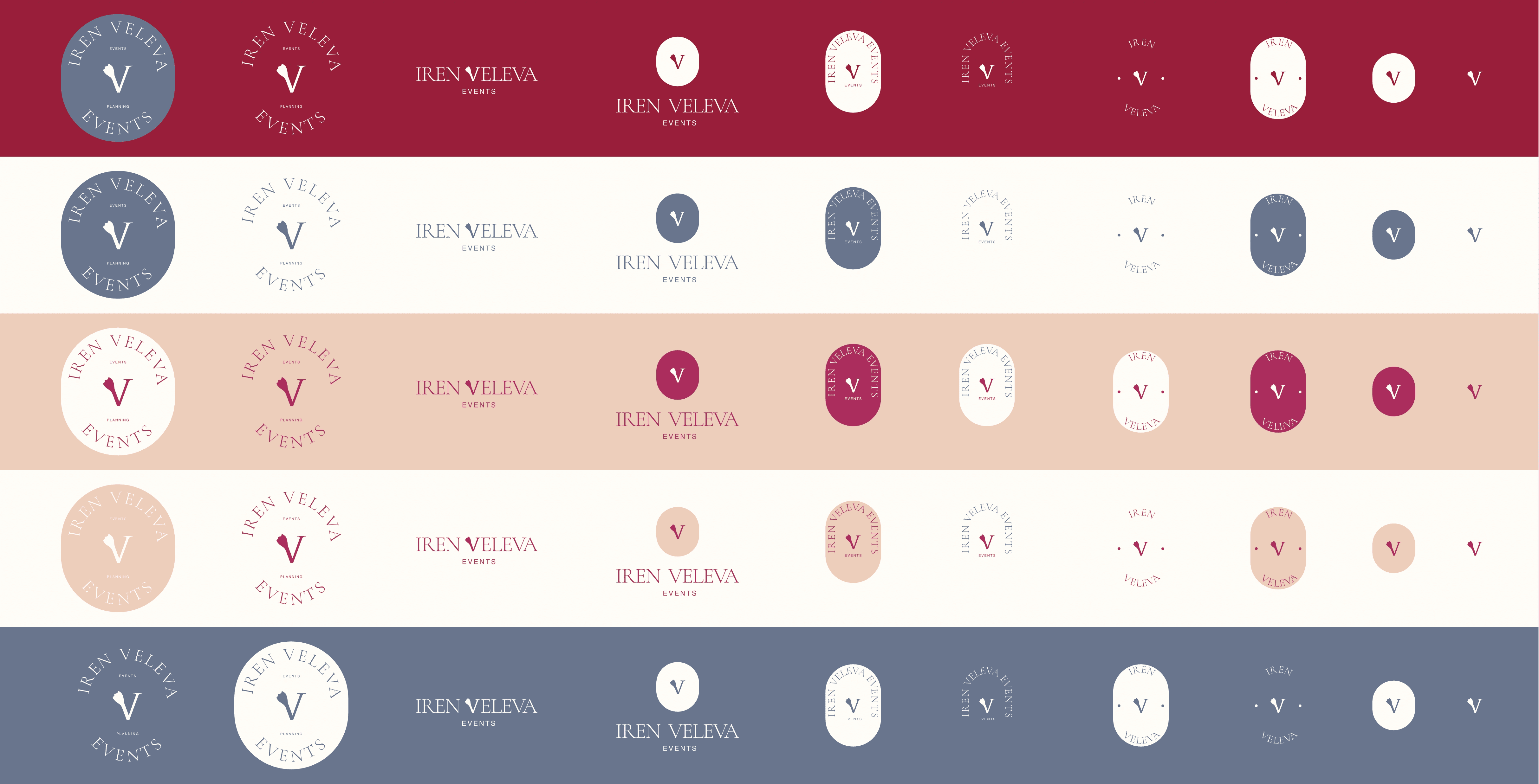 Финалната версия на логото за Iren Veleva Events използва минималистичен монограм „V“, приложен в серия от печати, подпечатани марки и изчистени wordmark варианти. Тази концепция изследва лек, въздушен и съвременен визуален стил чрез различни цветови палитри и структурни подредби.