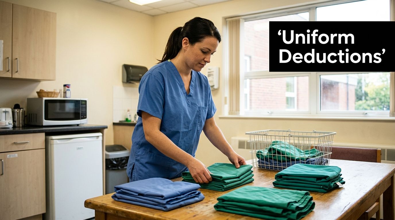 A healthcare worker in blue scrubs folding green clinical linens on a wooden table in a breakroom.