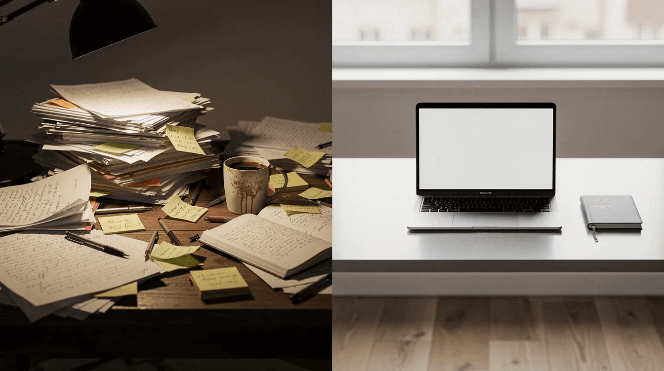The image shows a cluttered desk filled with loose papers and notebooks, contrasting with a clean, organized laptop on a tidy desk nearby. This scene highlights the importance of effective classroom management tools that can help educators save time and track key information efficiently.