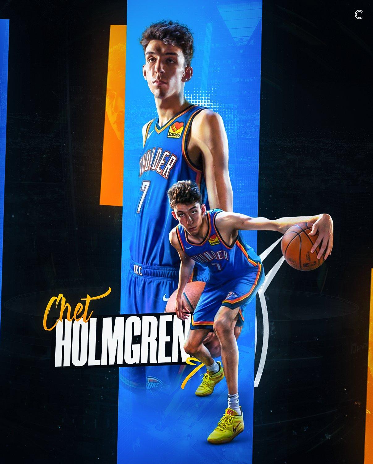 Chet Holmgren in a blue uniform stands confidently with a ball, set against a vibrant blue background.