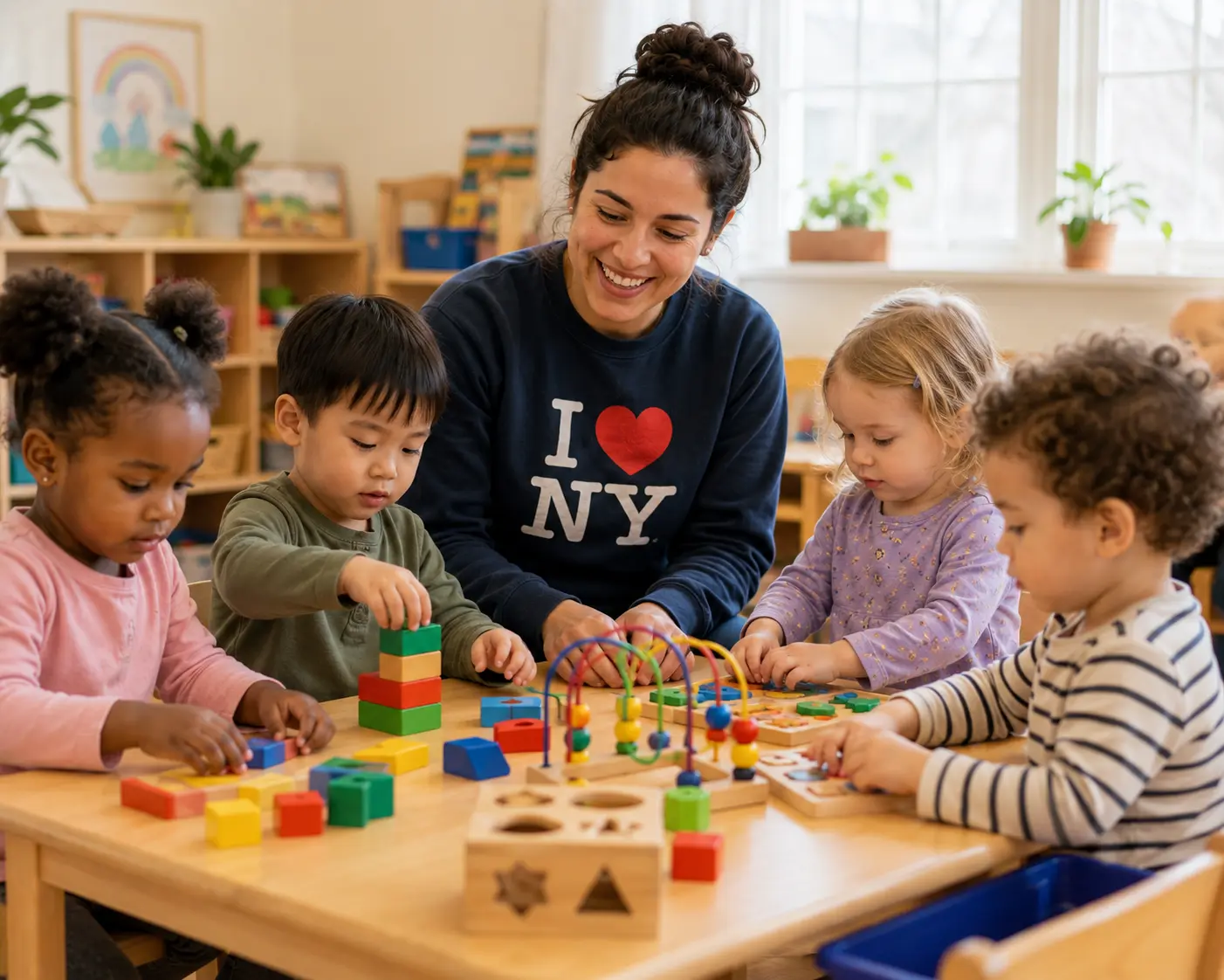 a woman wearing an "i heart NY" sweater smiles while looking at four children playing at a table
