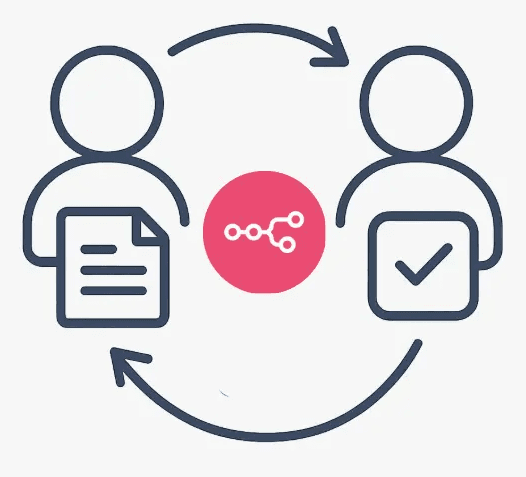Icône flat design représentant la collaboration et la planification de workflows pour une agence n8n, avec le logo n8n en EA4B71.