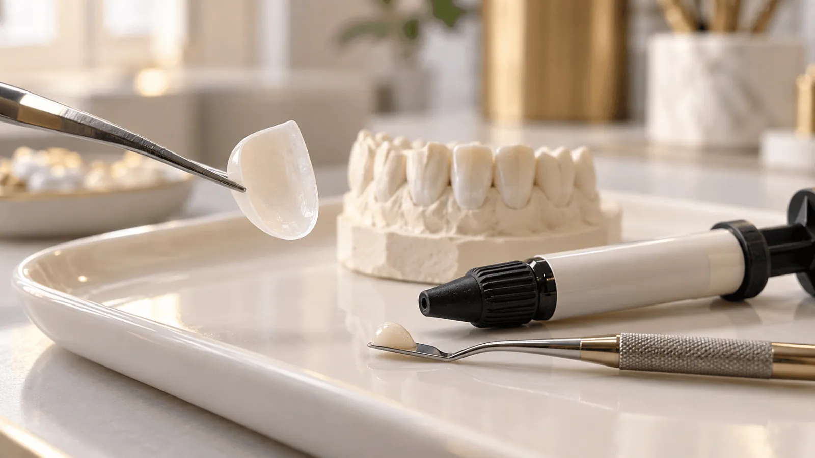 Porcelain veneer, composite resin dispenser and sculpting instrument on a dental laboratory tray.