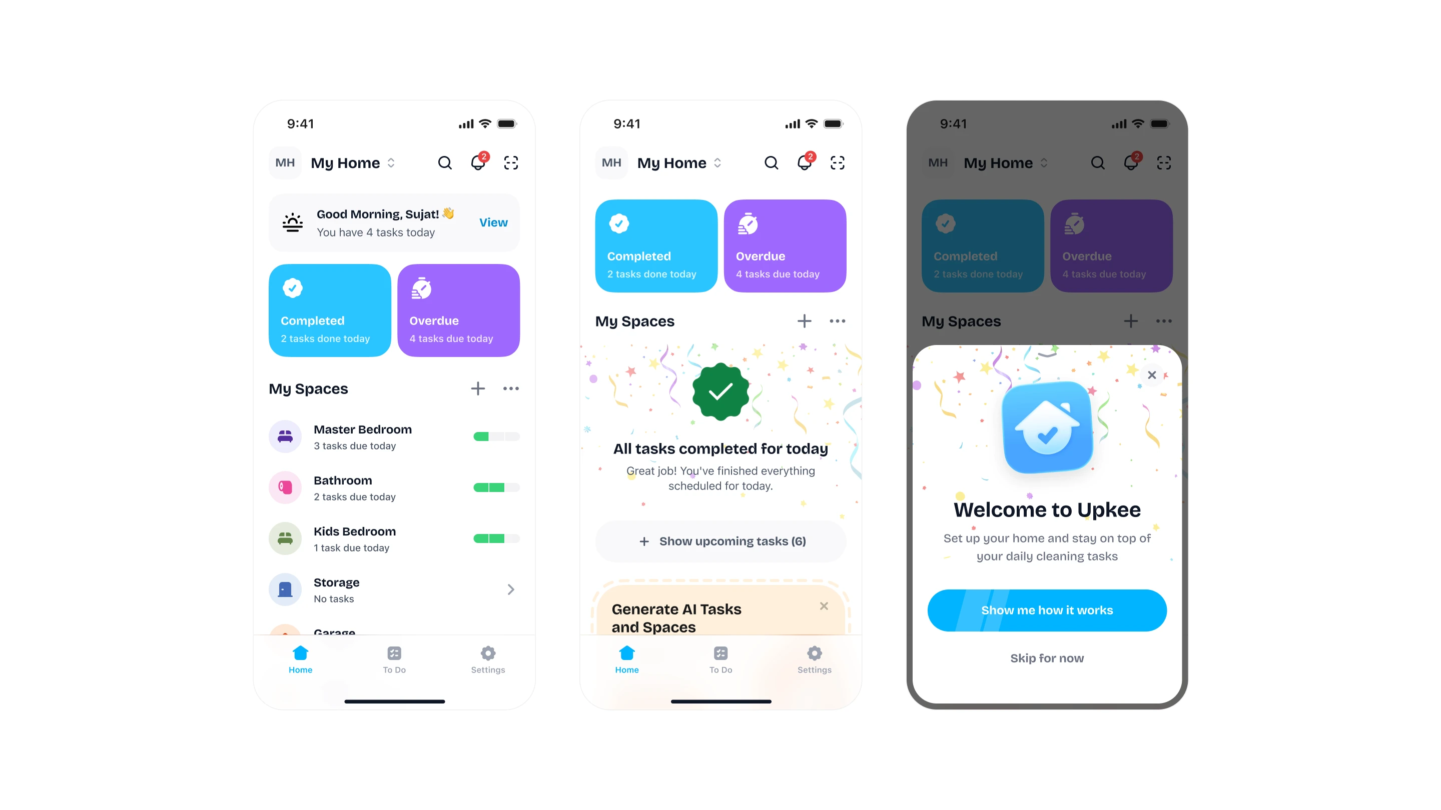 Upkee home screen showing household tasks, completed tasks, and daily progress