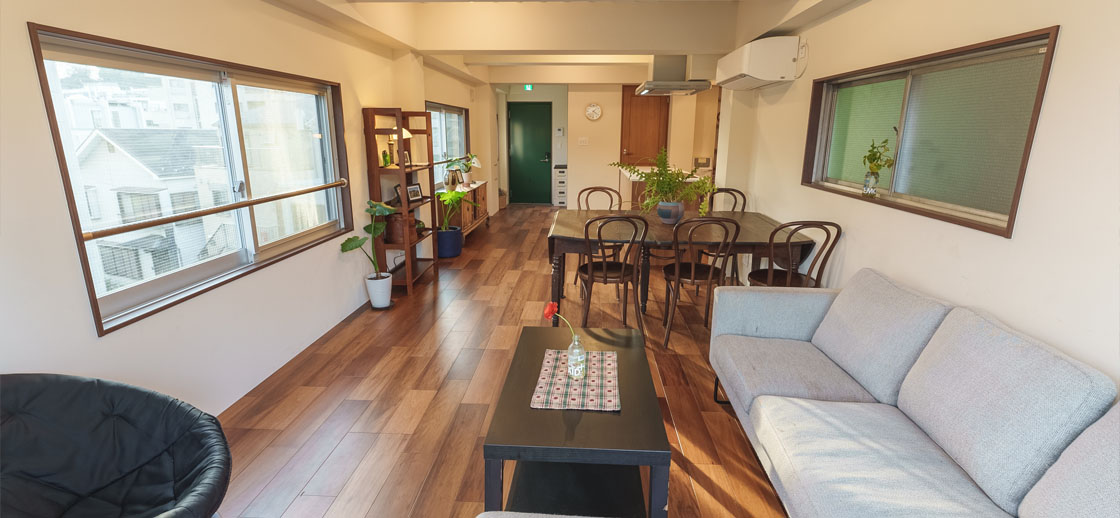 The apartment as seen from the living room to the front door