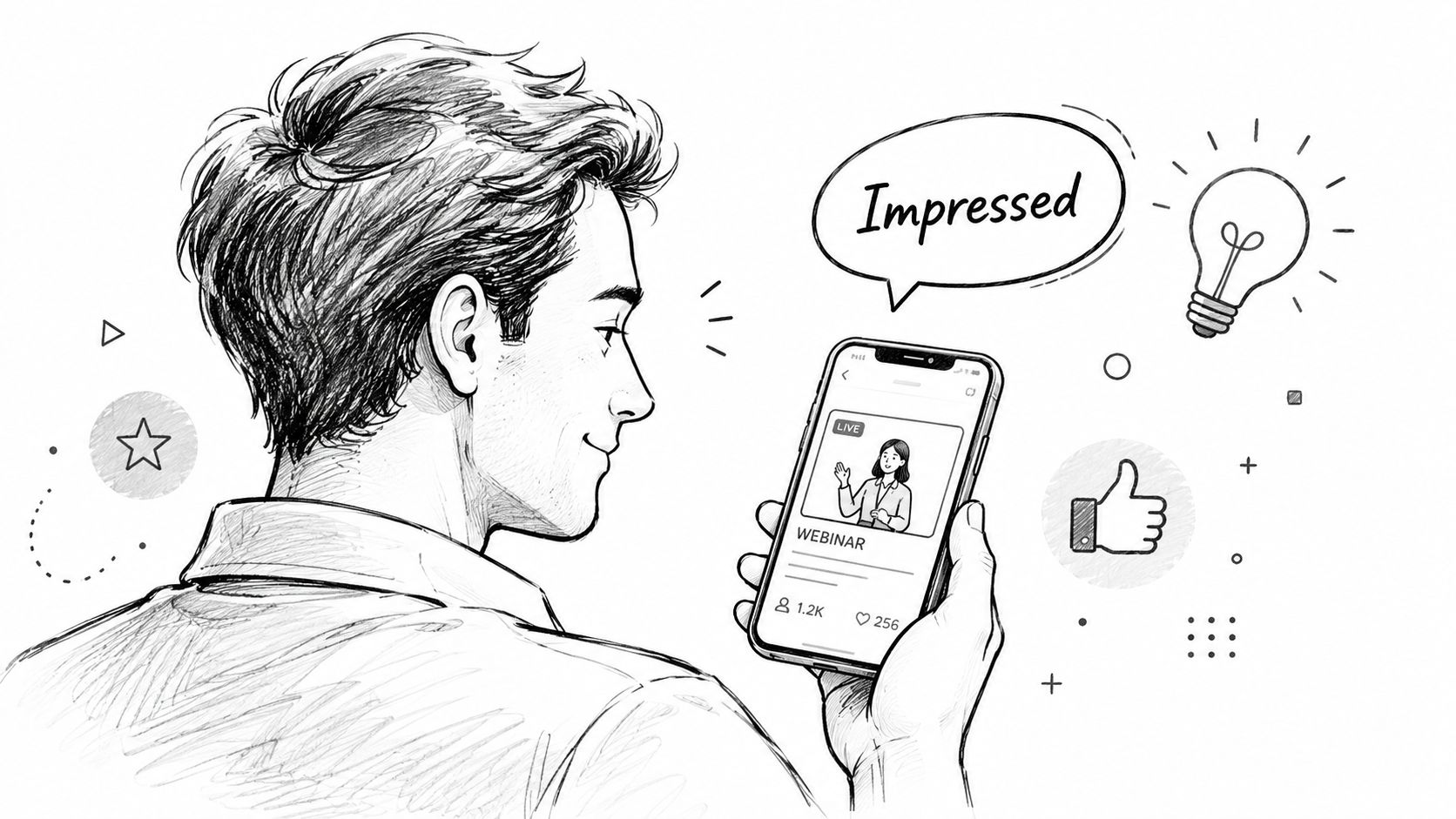 A digital sketch of a person looking impressed at a webinar on their smartphone screen.