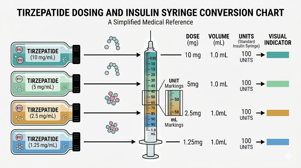cyanocobalamin tirzepatide dosing chart showing unit to milligram conversion for compounded formulations