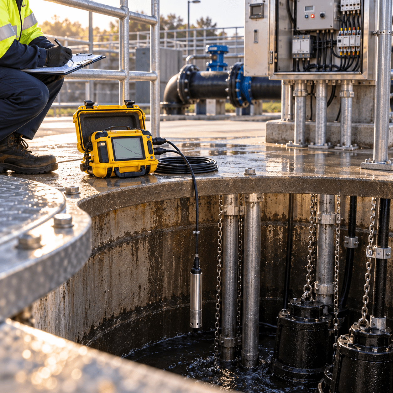 Technician recording readings beside a portable flow logger and submersible probe at a wet well