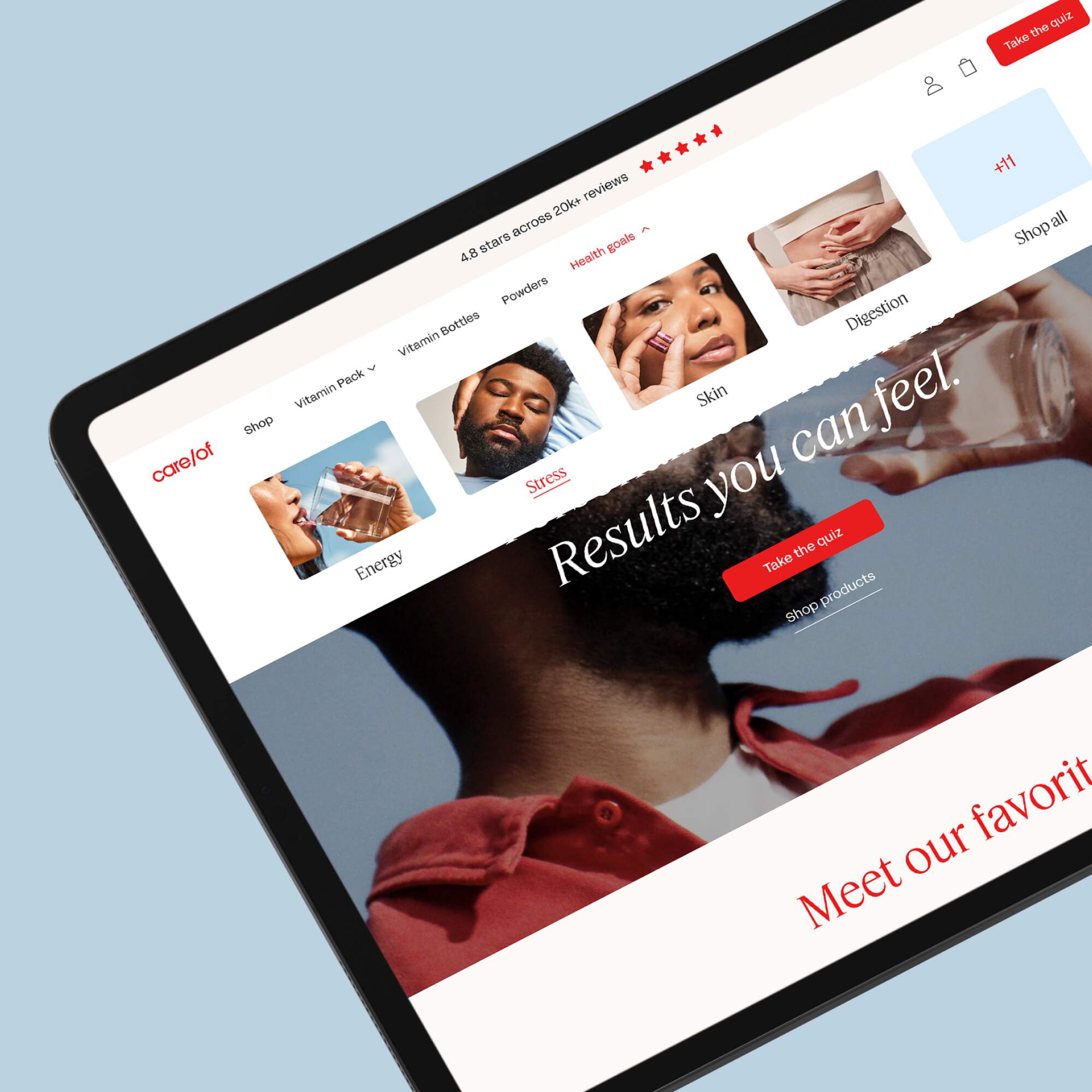 Tablet screen displaying Care/of website's health goals section, featuring categories like energy, stress, skin, and digestion, with a man drinking water.