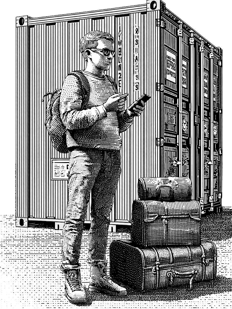 Illustration d'un voyageur regardant son téléphone devant des conteneurs d'expédition et des valises empilées.