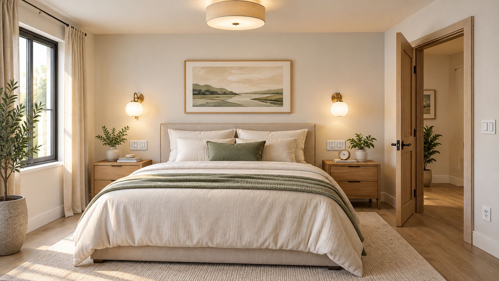 A cozy, modern bedroom featuring symmetrical wall-mounted electrical outlets above light wood nightstands on each side.