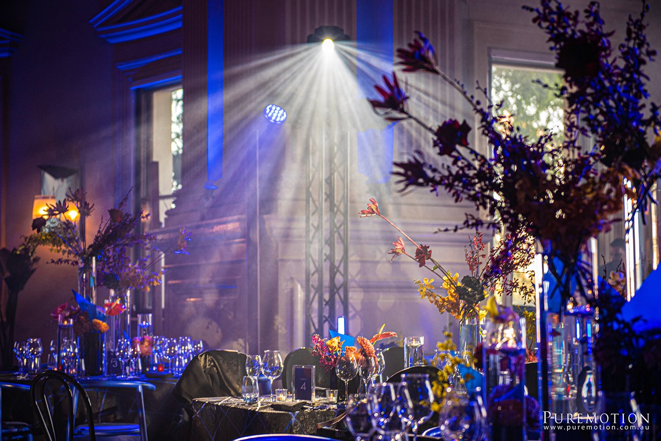 Whimsical table setting with moody overhead lighting set up