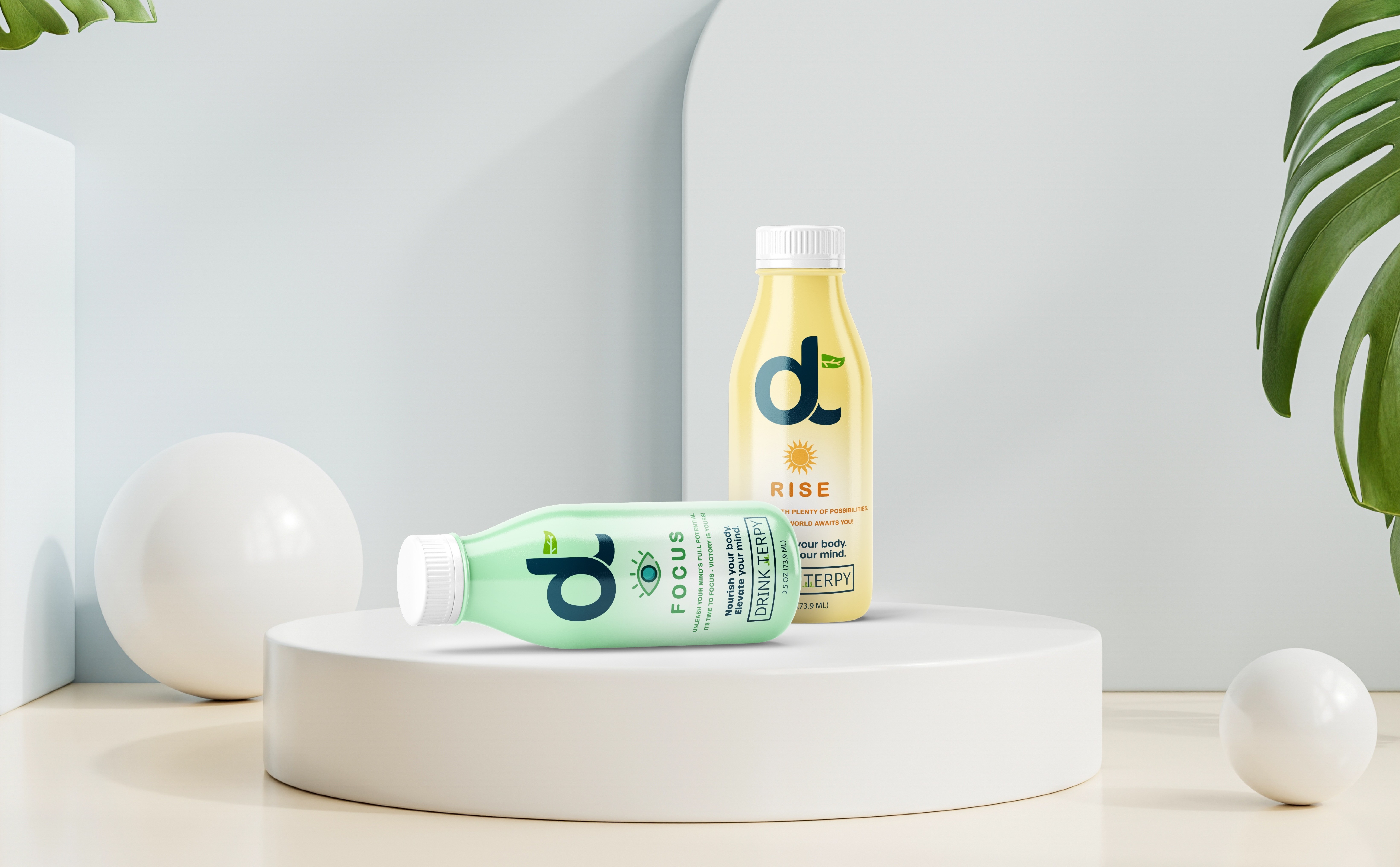 Two bottles of juice, one yellow and one green, with a white pedestal and a monstera leaf in the background.
