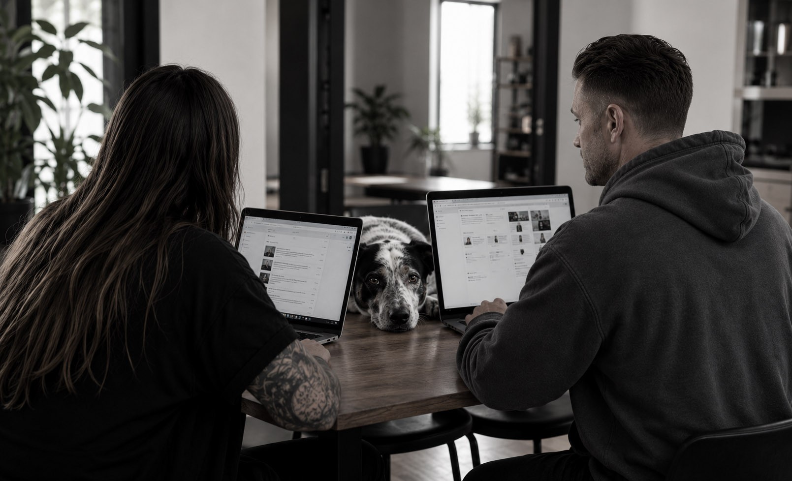 Black and white image of people working at a table with laptops, showing hands gesturing during discussion of digital content displayed on screens, with fabrica® logo in the corner.