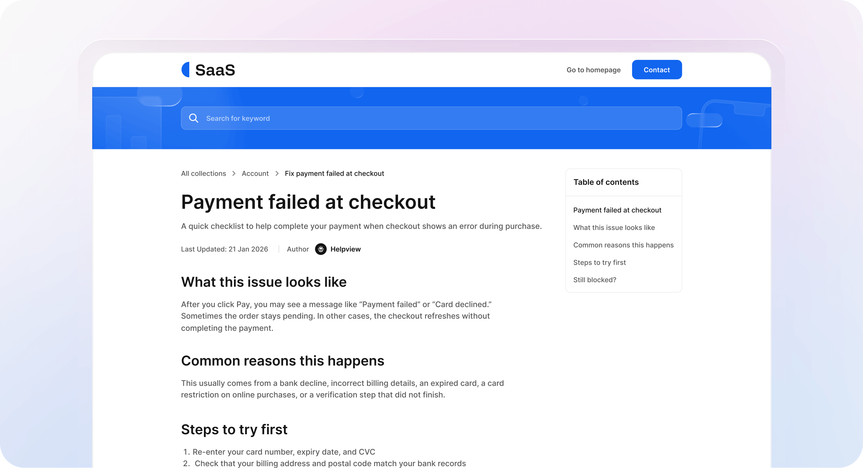 Flow diagram showing the structure of a how-to knowledge base article: intro, who this is for, before you start, steps or answer, expected results, and related articles.