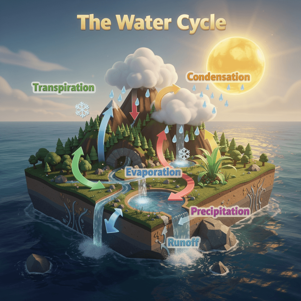 Educational infographic illustration, "The Water Cycle", stylized isometric 3D floating island, lush sun-drenched Nintendo game style, deep azure ocean, rich brown mountains, vibrant greens, golden glowing sun, warm golden hour sunlight, soft colorful shadows, magical atmosphere, clear bright 3D arrows and labels.