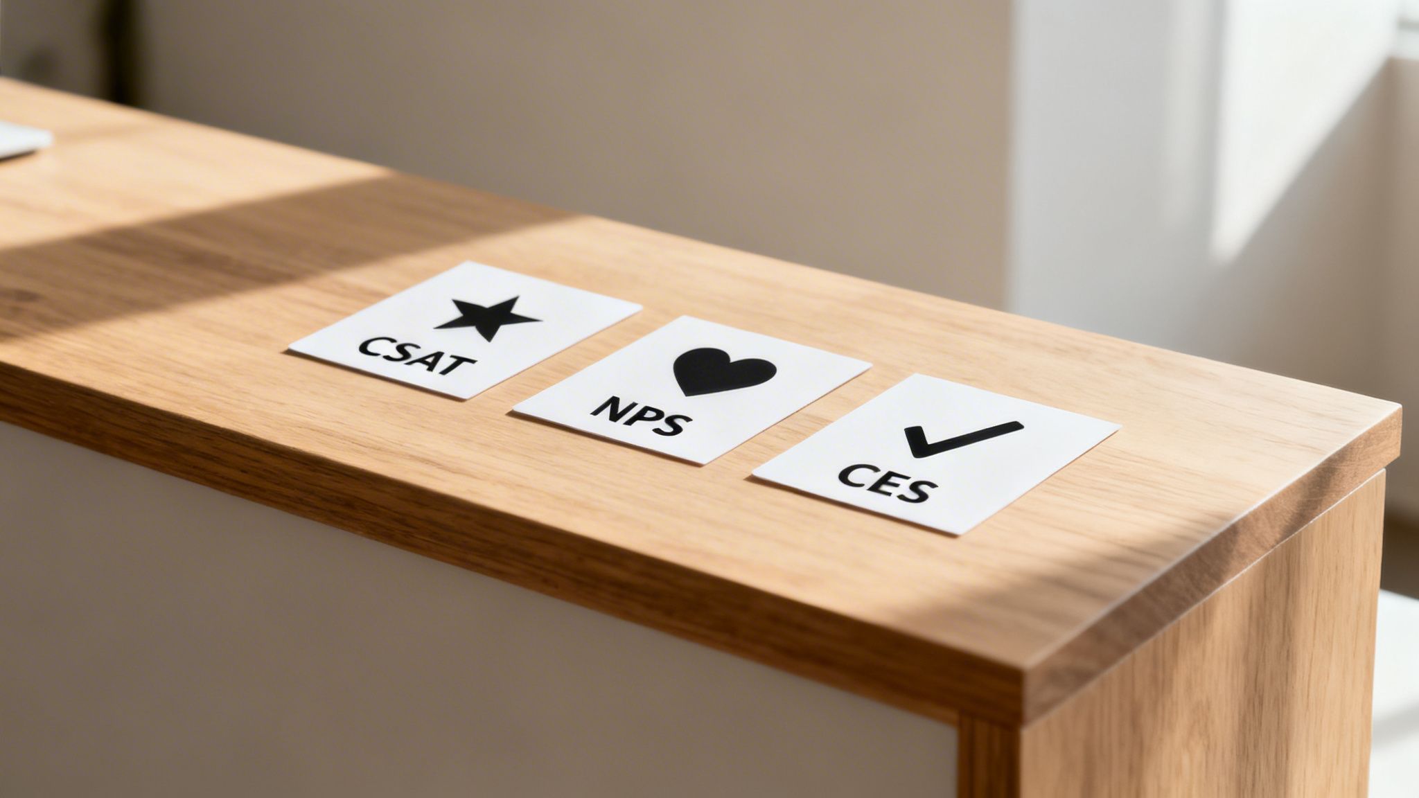 Three white cards on a wooden surface display CSAT, NPS, and CES customer service metrics.