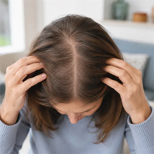 Vrouw bekijkt diffuse haarverdunning rond haar middenscheiding.