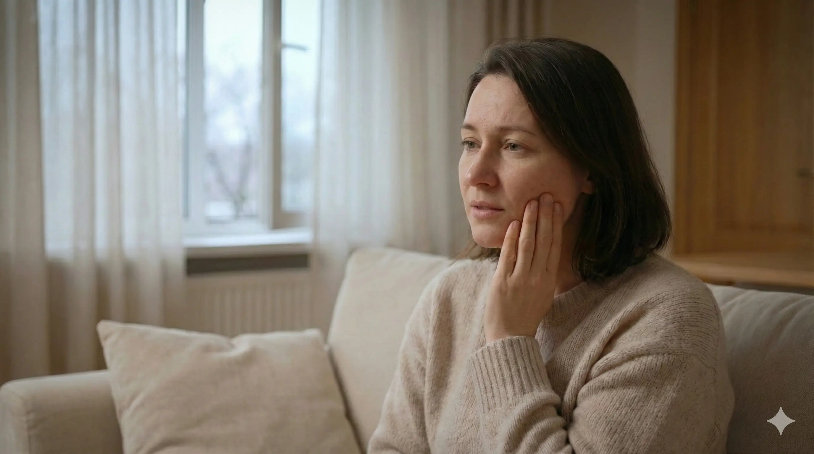 Enyhén nyitott ablak mellett egy ember az állkapcsához ér, fogérzékenységet jelezve.