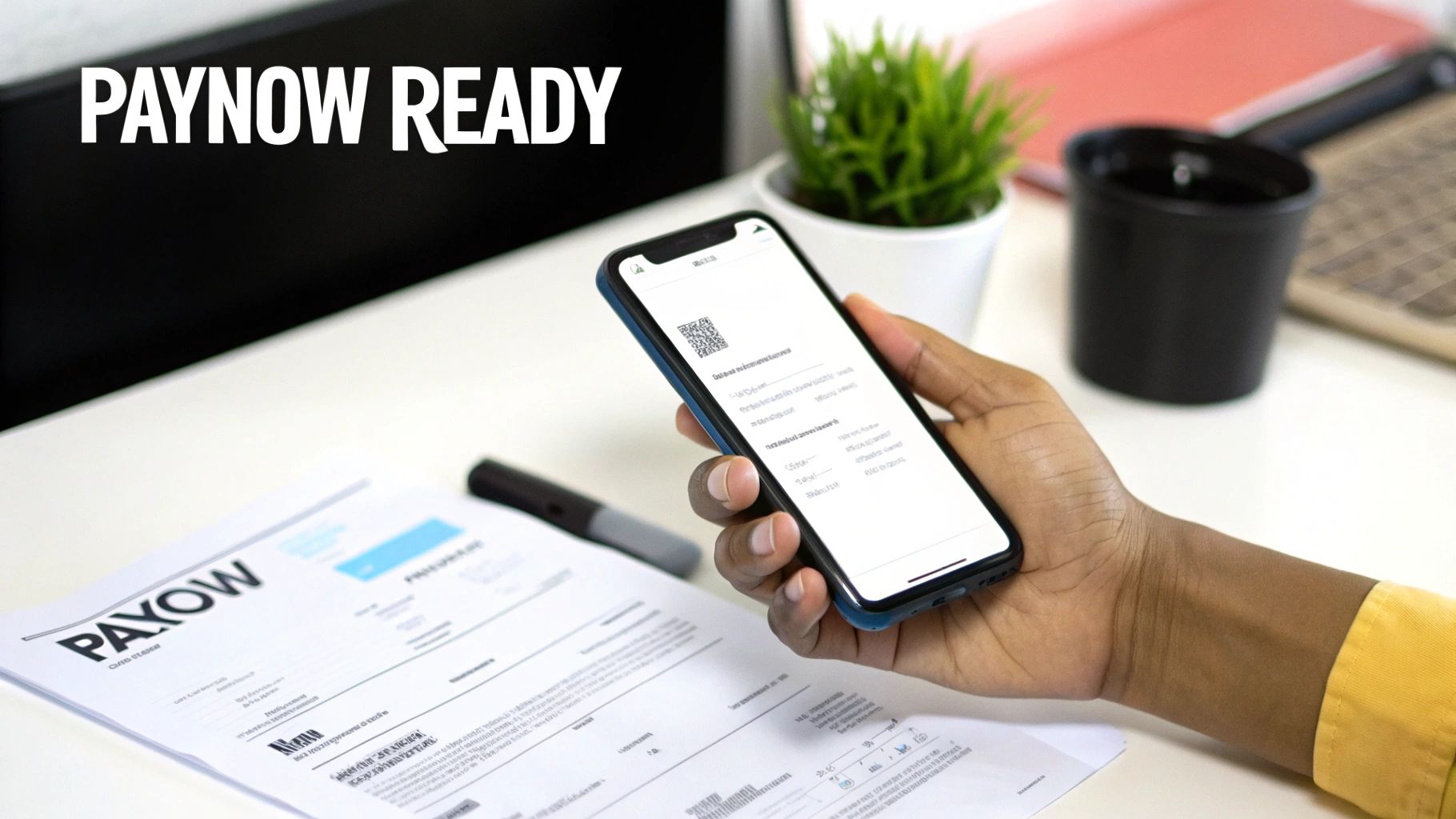 A hand holds a smartphone displaying a QR code for mobile payment, next to a document with 'PAYOW' and 'PAYNOW READY'.